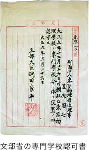 文部省の専門学校認可書